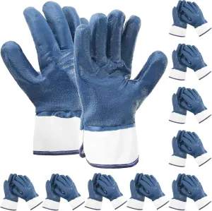10 Pairs Nitrile Heavyweight Fully Coated Work Gloves, One Size Fits All, Gloves for Men Oil Hauler Gloves Blue Chemical Resistant Gloves for Fuel Handling, Construction, Warehouse