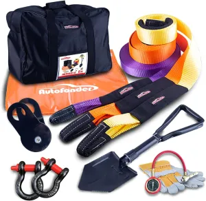 11Pcs Recovery Gear Offroad 4x4 kit-3 Pk Snatch Straps 2 D-Shackles Snatch Block Folding Survival Shovel Tire Deflator  Leather Gloves Winch Dampener  Gear Bag- Tow Strap Recovery Set