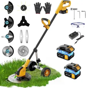 12-inch Electric Weed Wacker Cordless on Wheels, 21V 2 * 3000mAh Weed Eater Battery Powered,Cordless String Trimmer with Brushless Motor,Grass Trimmer and Brush Cutter with 4 Types of Blades for Lawn
