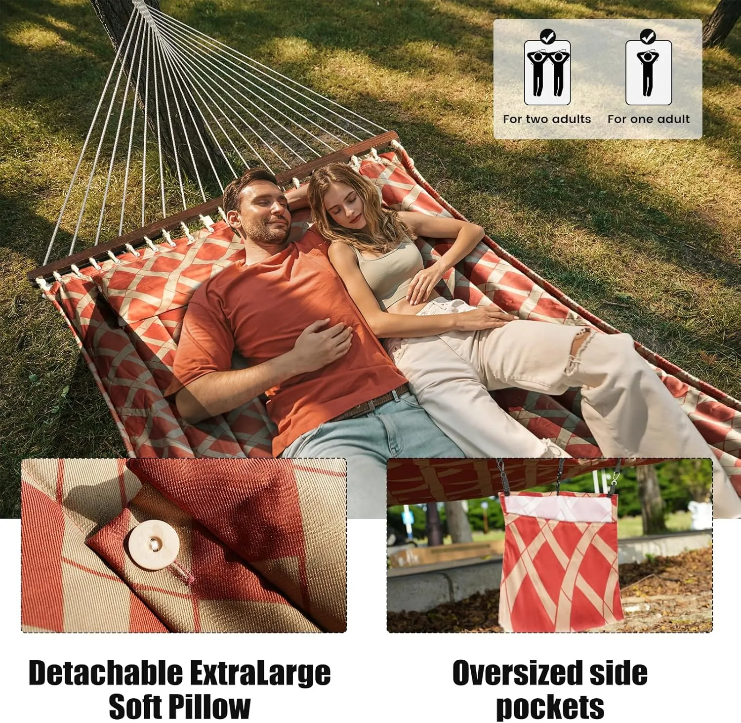 13 FT Tuscan Lattice Sienna/Taupe Quilted Hammock with Spreader Bars,Detachable Pillow and Chains,600lbs Capacity,Two Person Hammock for Outdoor, Patio, Backyard,Tree_Double Hammock