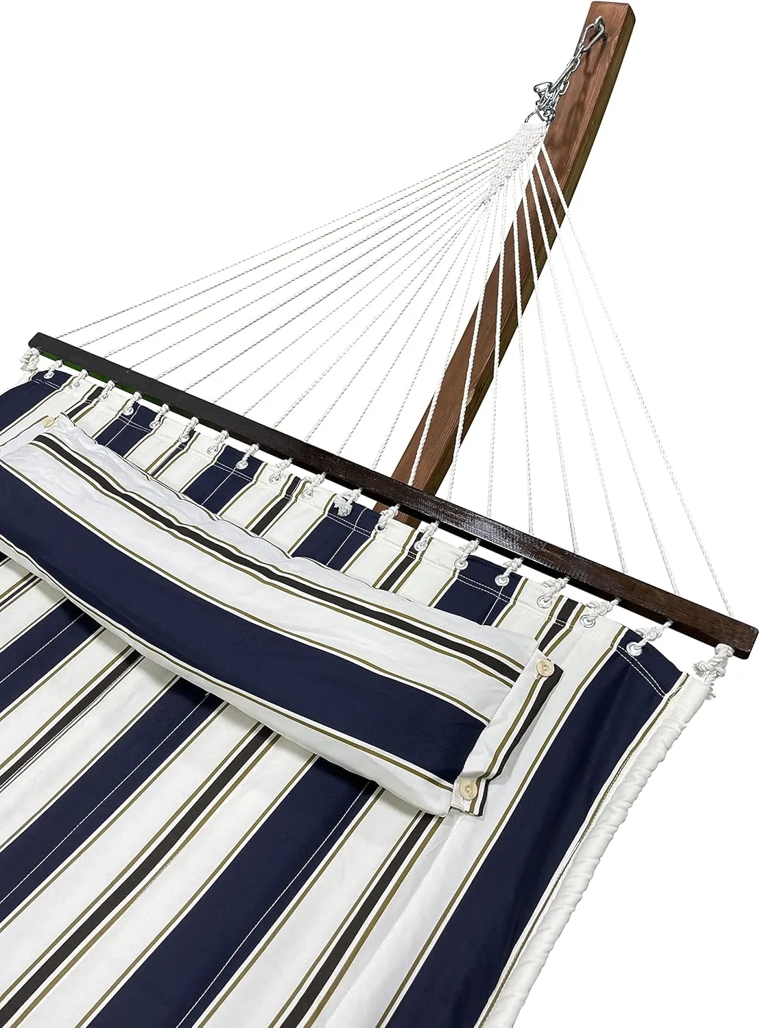 14 Ft. Wooden Arc Hammock Stand   Deluxe Quilted Double Padded Hammock Bed w/Pillow. 2 Person Bed. 450 LB Capacity(Teak Stain/Elegant Blue Stripe)