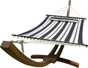 14 Ft. Wooden Arc Hammock Stand   Deluxe Quilted Double Padded Hammock Bed w/Pillow. 2 Person Bed. 450 LB Capacity(Teak Stain/Elegant Blue Stripe)