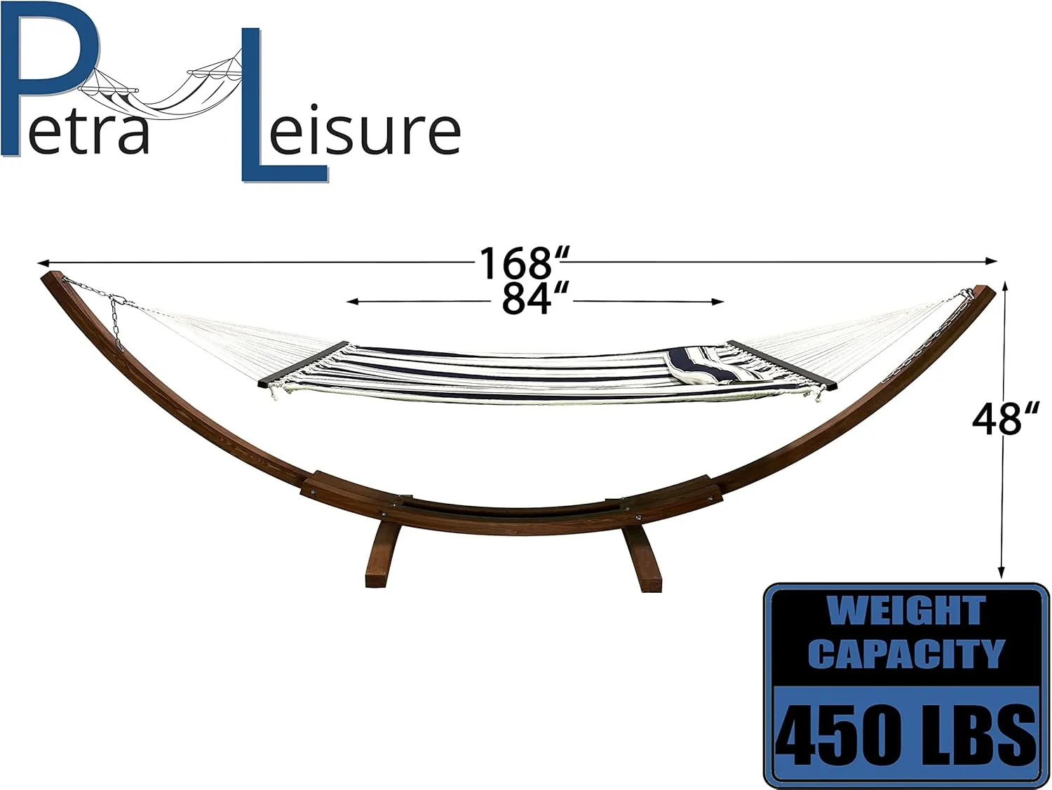 14 Ft. Wooden Arc Hammock Stand   Deluxe Quilted Double Padded Hammock Bed w/Pillow. 2 Person Bed. 450 LB Capacity(Teak Stain/Elegant Blue Stripe)