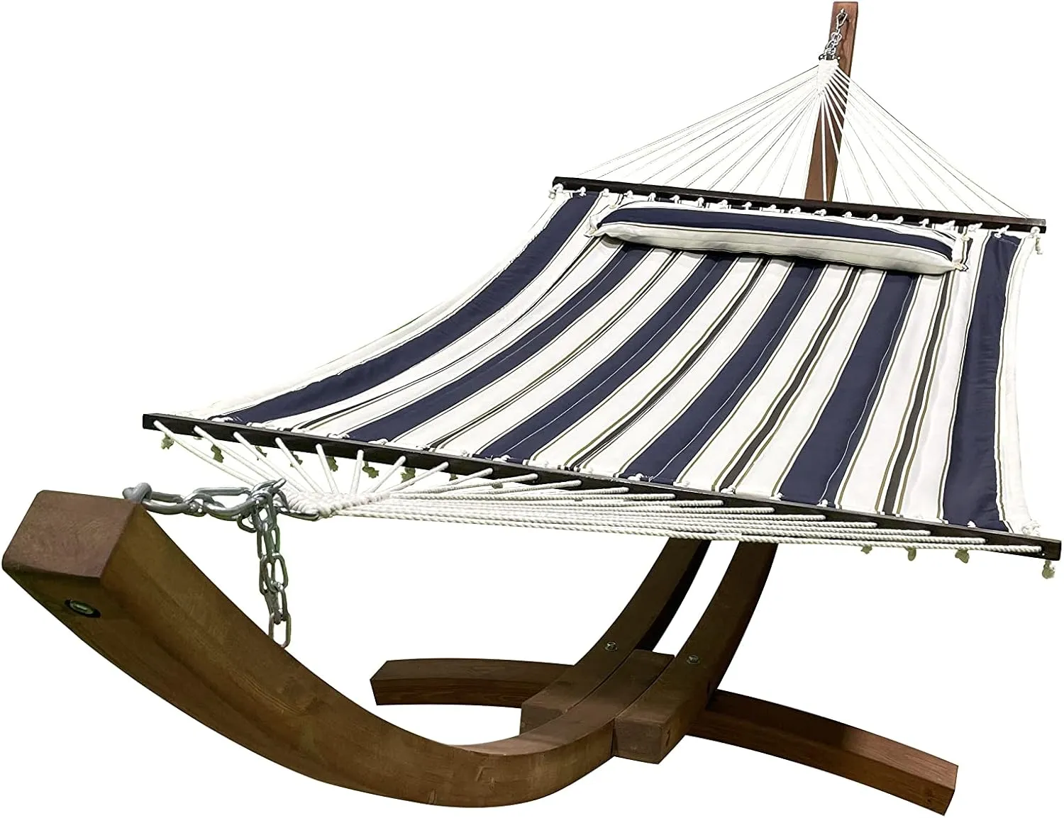 14 Ft. Wooden Arc Hammock Stand   Deluxe Quilted Double Padded Hammock Bed w/Pillow. 2 Person Bed. 450 LB Capacity(Teak Stain/Elegant Blue Stripe)