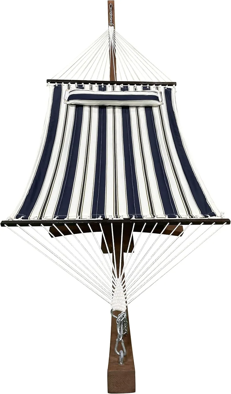 14 Ft. Wooden Arc Hammock Stand   Deluxe Quilted Double Padded Hammock Bed w/Pillow. 2 Person Bed. 450 LB Capacity(Teak Stain/Elegant Blue Stripe)