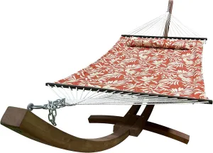 14 Ft. Wooden Arc Hammock Stand   Deluxe Quilted Double Padded Hammock Bed w/Pillow. 2 Person Bed. 450 LB Capacity(Teak Stain/Elegant Floral)