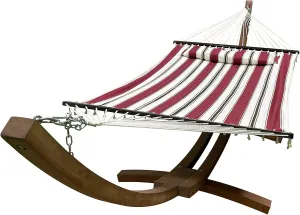 14 Ft. Wooden Arc Hammock Stand   Deluxe Quilted Double Padded Hammock Bed w/Pillow. 2 Person Bed. 450 LB Capacity(Teak Stain/Elegant Red Stripe)