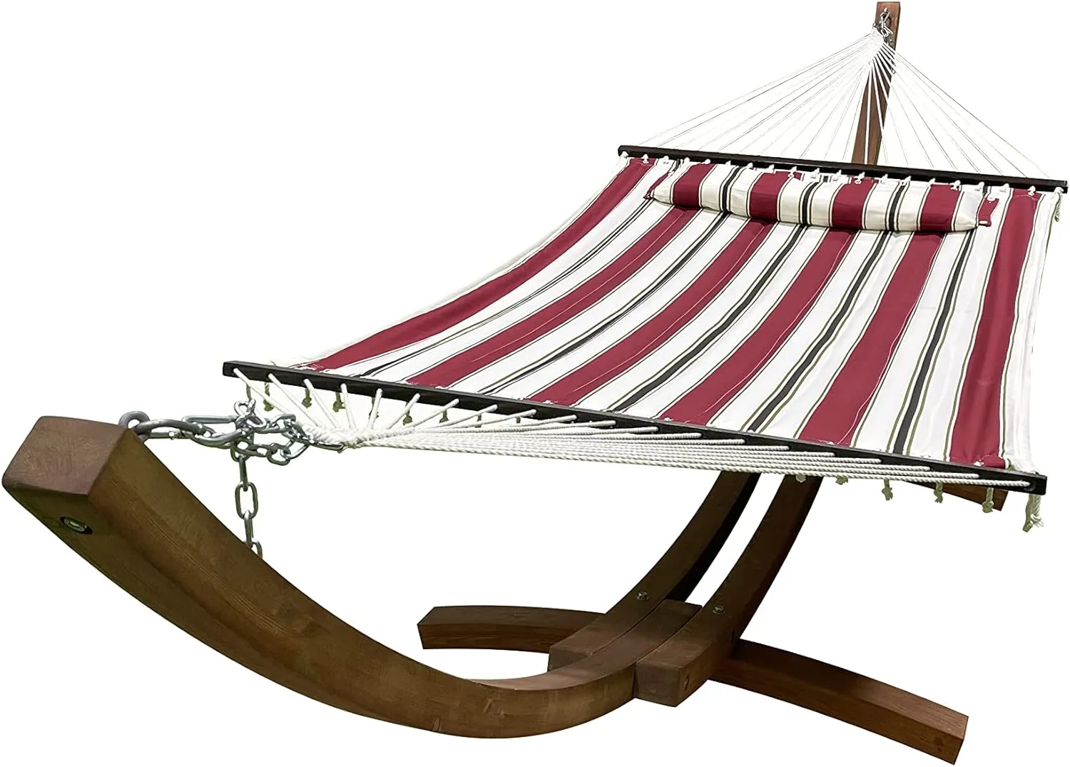 14 Ft. Wooden Arc Hammock Stand   Deluxe Quilted Double Padded Hammock Bed w/Pillow. 2 Person Bed. 450 LB Capacity(Teak Stain/Elegant Red Stripe)