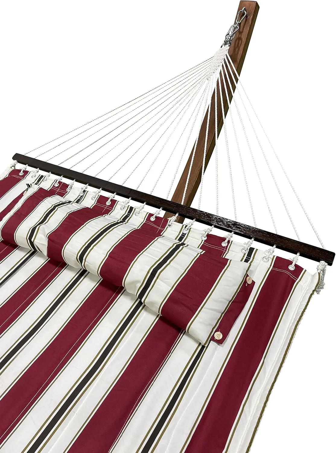 14 Ft. Wooden Arc Hammock Stand   Deluxe Quilted Double Padded Hammock Bed w/Pillow. 2 Person Bed. 450 LB Capacity(Teak Stain/Elegant Red Stripe)