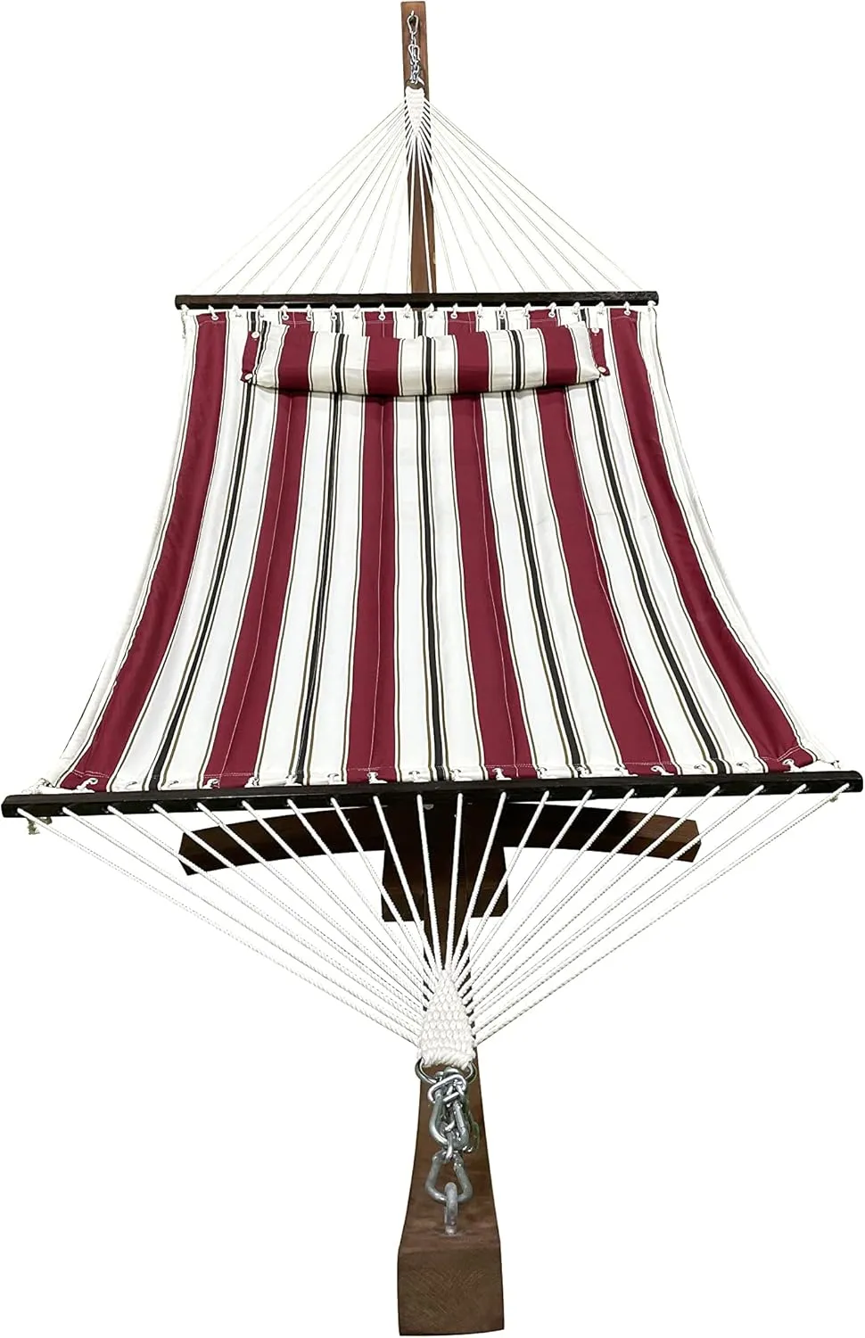 14 Ft. Wooden Arc Hammock Stand   Deluxe Quilted Double Padded Hammock Bed w/Pillow. 2 Person Bed. 450 LB Capacity(Teak Stain/Elegant Red Stripe)