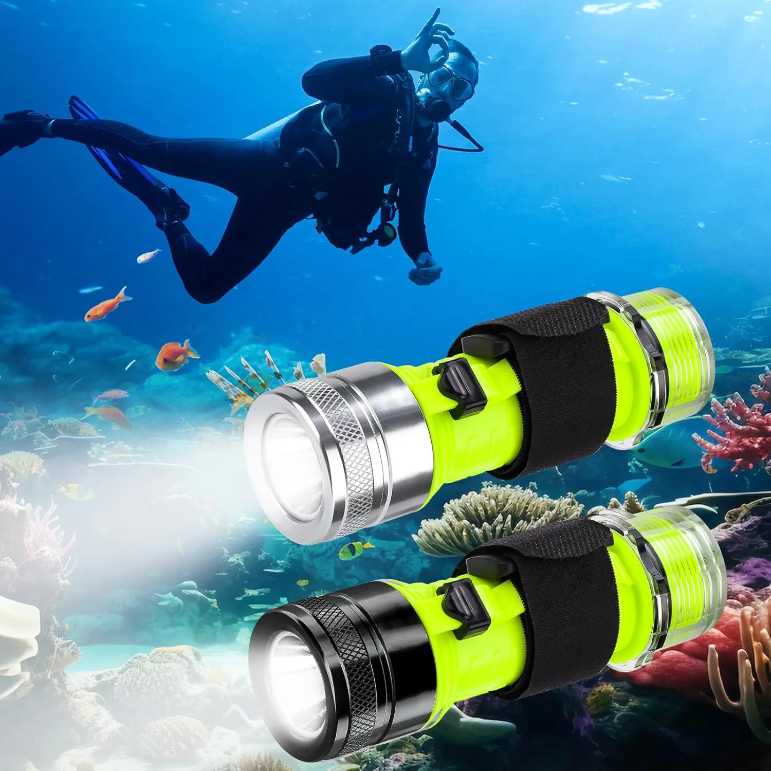 1500 Lumen Rechargeable Diving Flashlight - IPX8 Waterproof LED Scuba Light, 3 Modes for Night Diving, Underwater Exploration & Outdoor Water Sports (2 Pack)