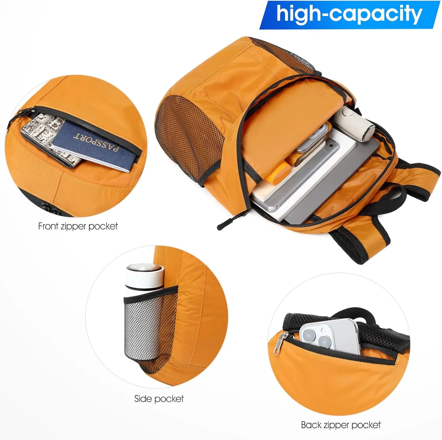 15L Small Hiking Backpack with Front Phone Holder, Lightweight Packable Hiking Daypac (Yellow, 15L)