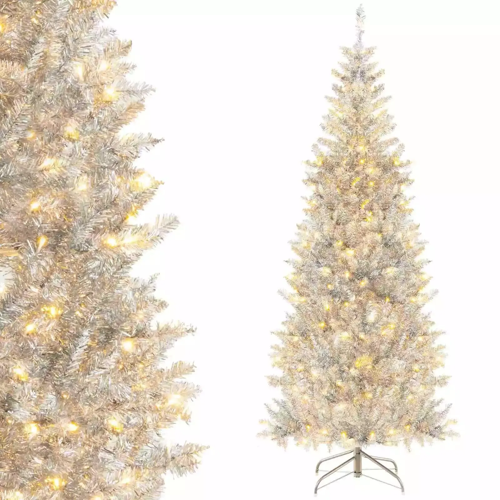 1.8 M Artificial Xmas Tree, Hinged Christmas Tree with Tinsel Leaves Easy Setup