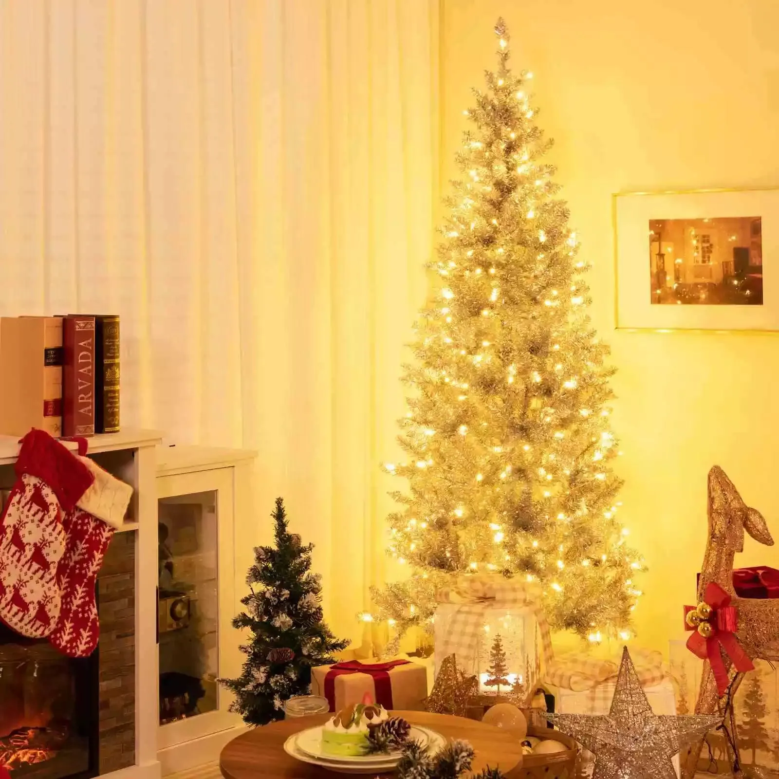 1.8 M Artificial Xmas Tree, Hinged Christmas Tree with Tinsel Leaves Easy Setup