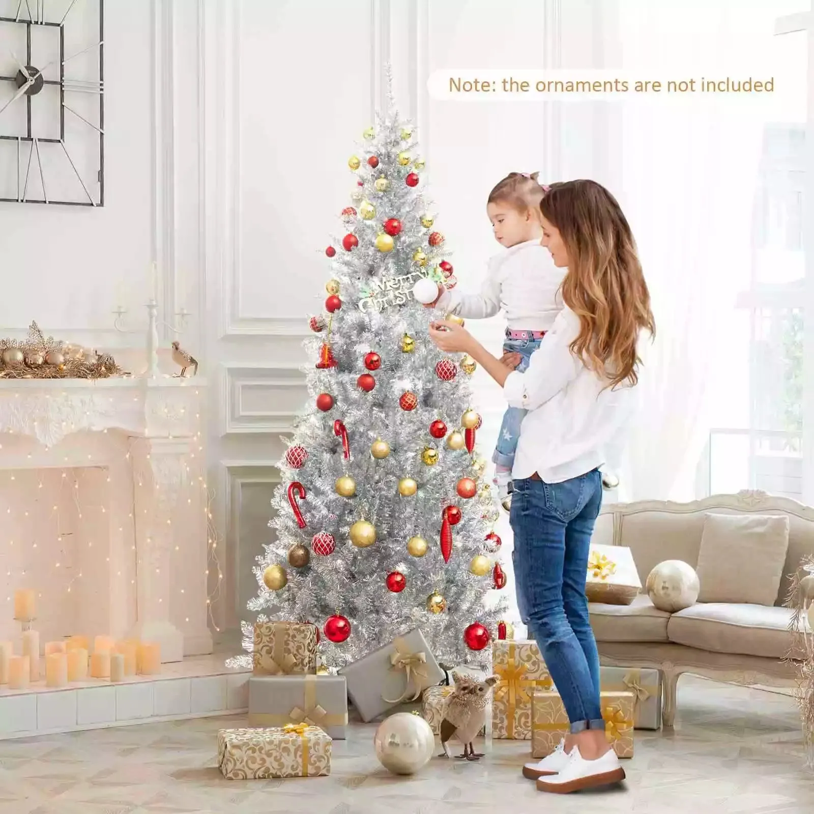 1.8 M Artificial Xmas Tree, Hinged Christmas Tree with Tinsel Leaves Easy Setup