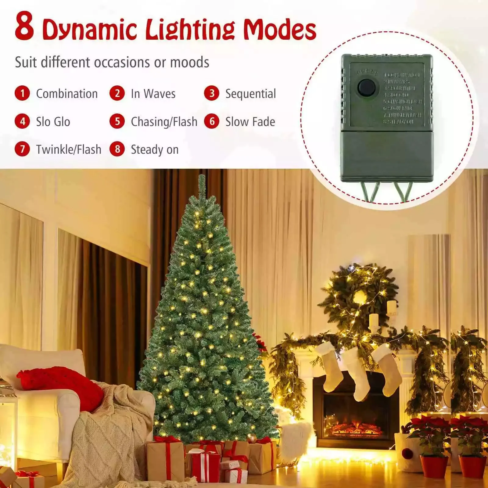 1.8/2.1/2.4M Pre-Lit Christmas Tree Artificial Xmas Decor w/8 Lighting Modes