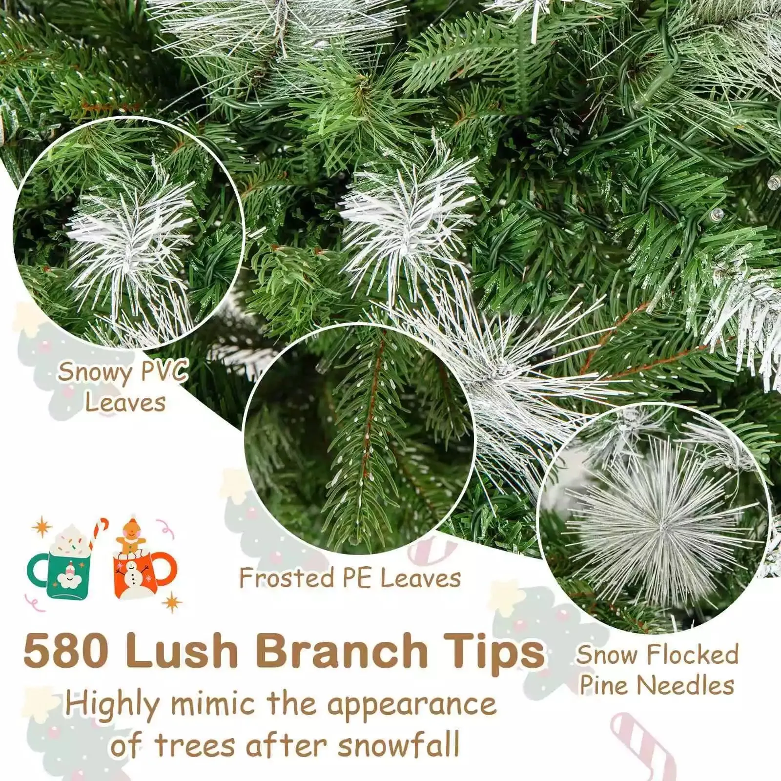 190CM Pre-Lit Christmas Tree Flocked Xmas Decor w/ Pine Needles & 280 LED Lights