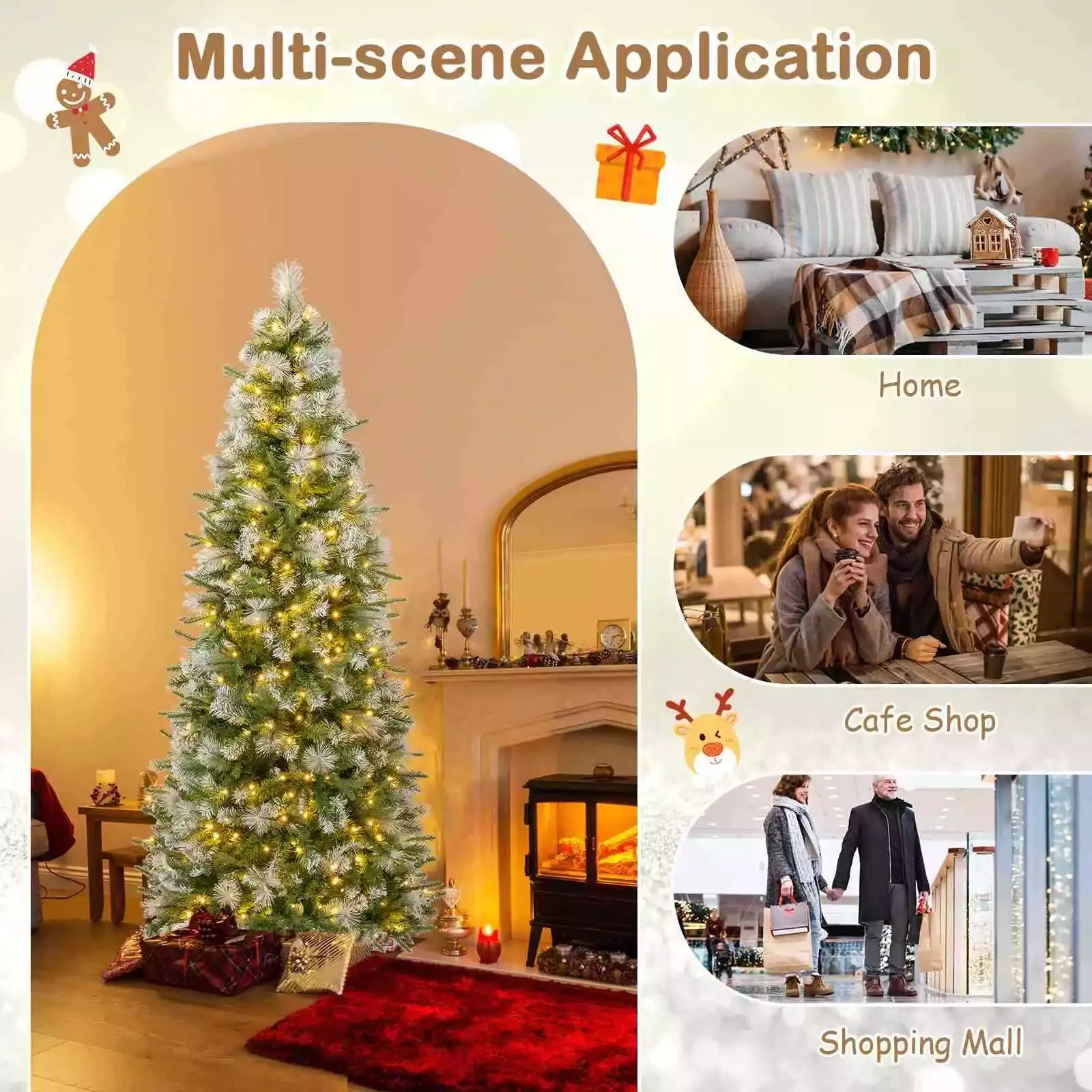 190CM Pre-Lit Christmas Tree Flocked Xmas Decor w/ Pine Needles & 280 LED Lights