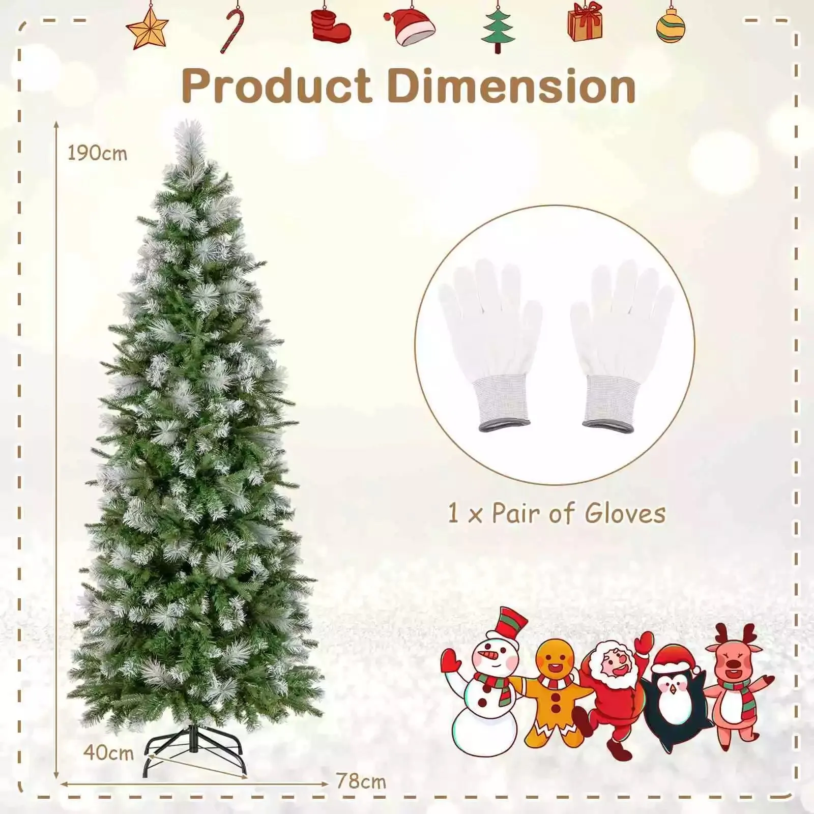 190CM Pre-Lit Christmas Tree Flocked Xmas Decor w/ Pine Needles & 280 LED Lights
