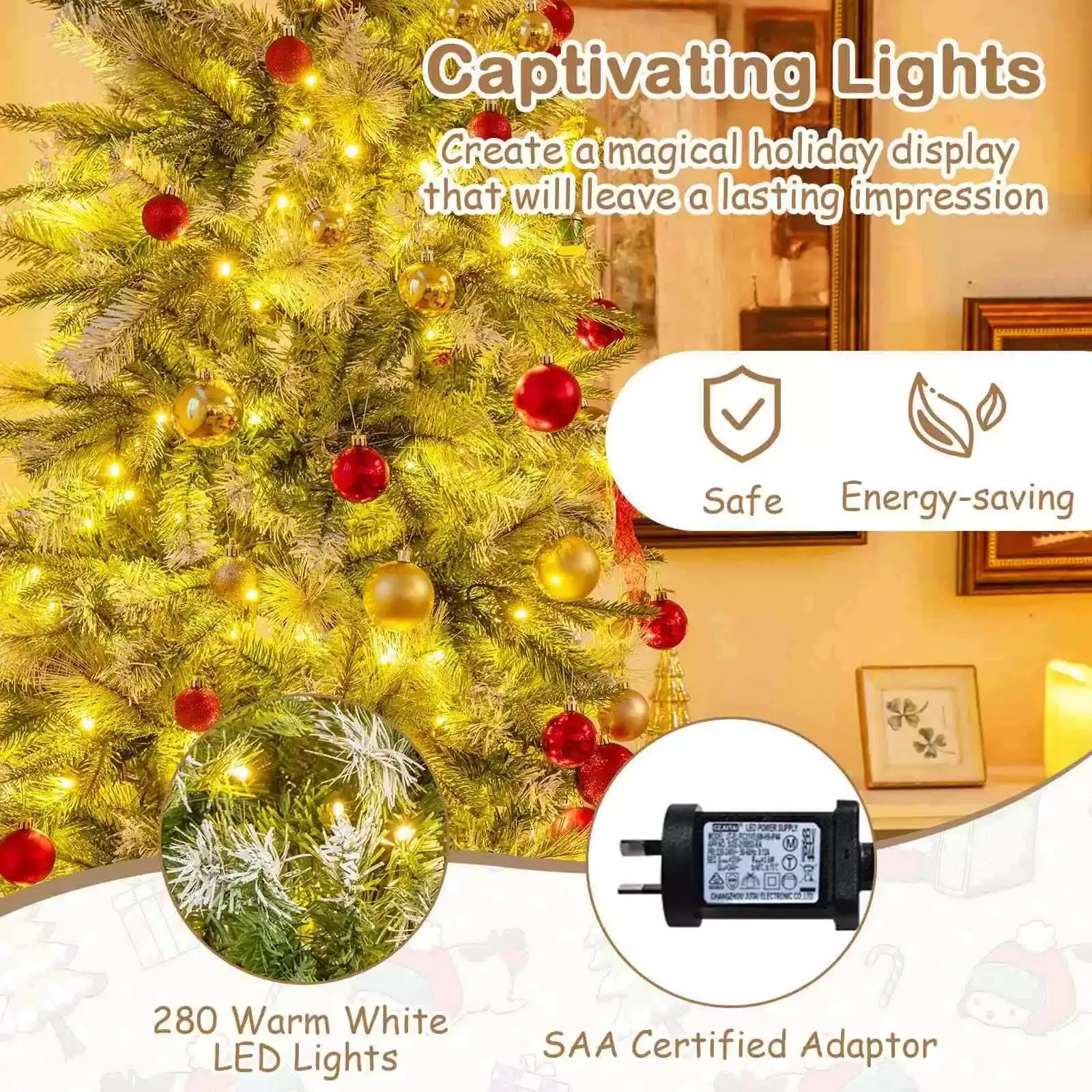 190CM Pre-Lit Christmas Tree Flocked Xmas Decor w/ Pine Needles & 280 LED Lights