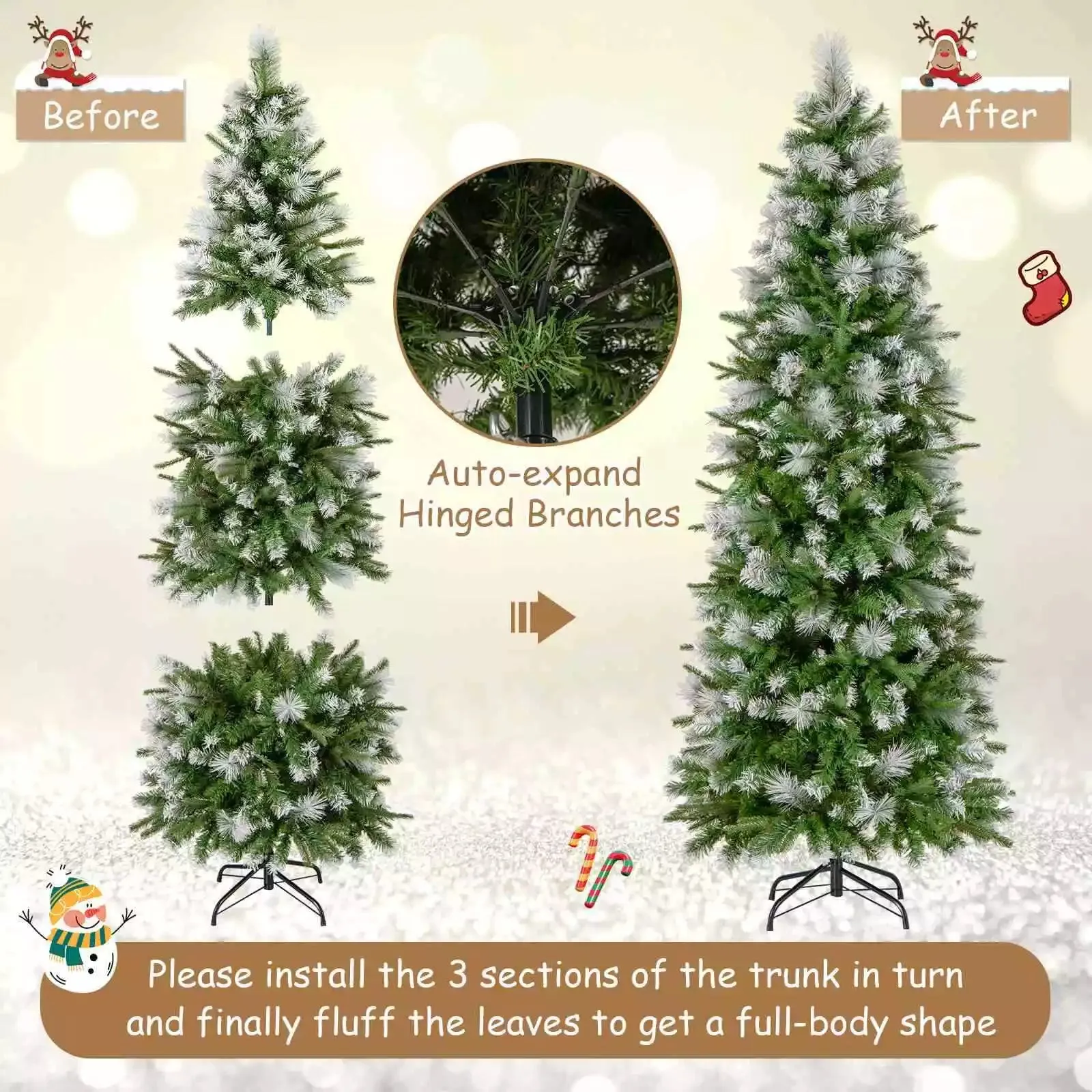 190CM Pre-Lit Christmas Tree Flocked Xmas Decor w/ Pine Needles & 280 LED Lights
