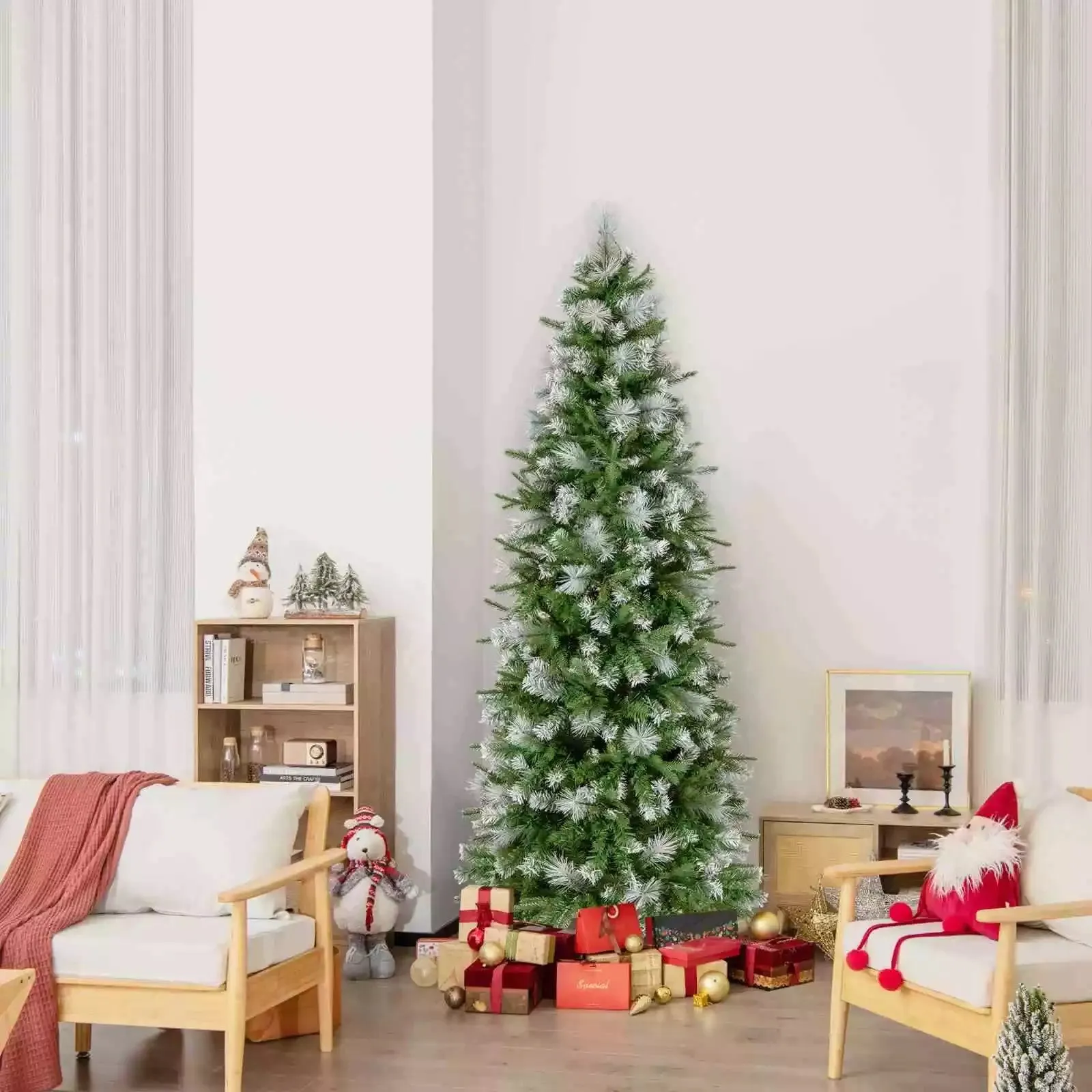 190CM Pre-Lit Christmas Tree Flocked Xmas Decor w/ Pine Needles & 280 LED Lights