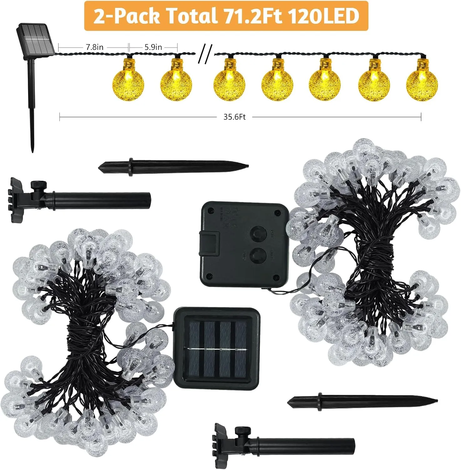 2 Pack 120 LED Solar String Lights Outdoor Waterproof, 72 FT Crystal Globe Lights with 8 Lighting Modes, Solar Powered Light Outdoor for Garden Wedding Party Decor（Warm White）