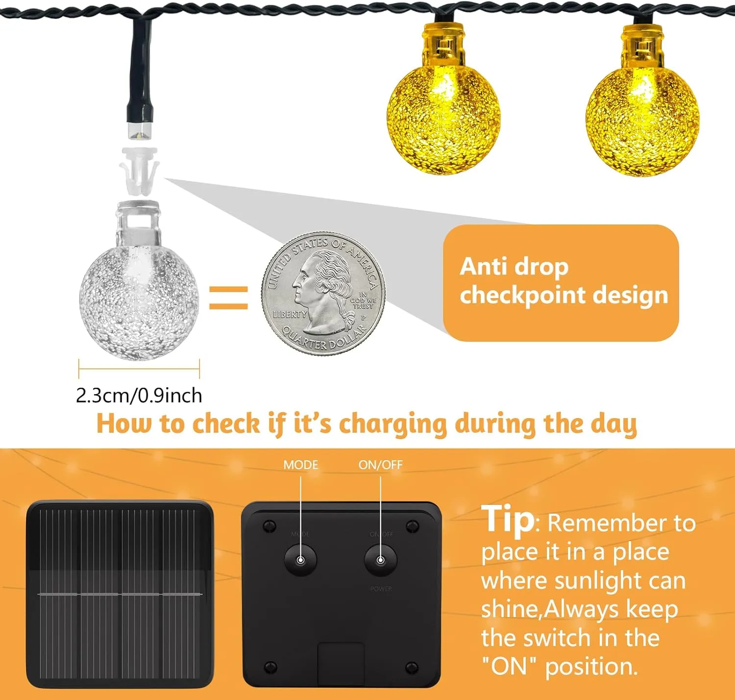 2 Pack 120 LED Solar String Lights Outdoor Waterproof, 72 FT Crystal Globe Lights with 8 Lighting Modes, Solar Powered Light Outdoor for Garden Wedding Party Decor（Warm White）