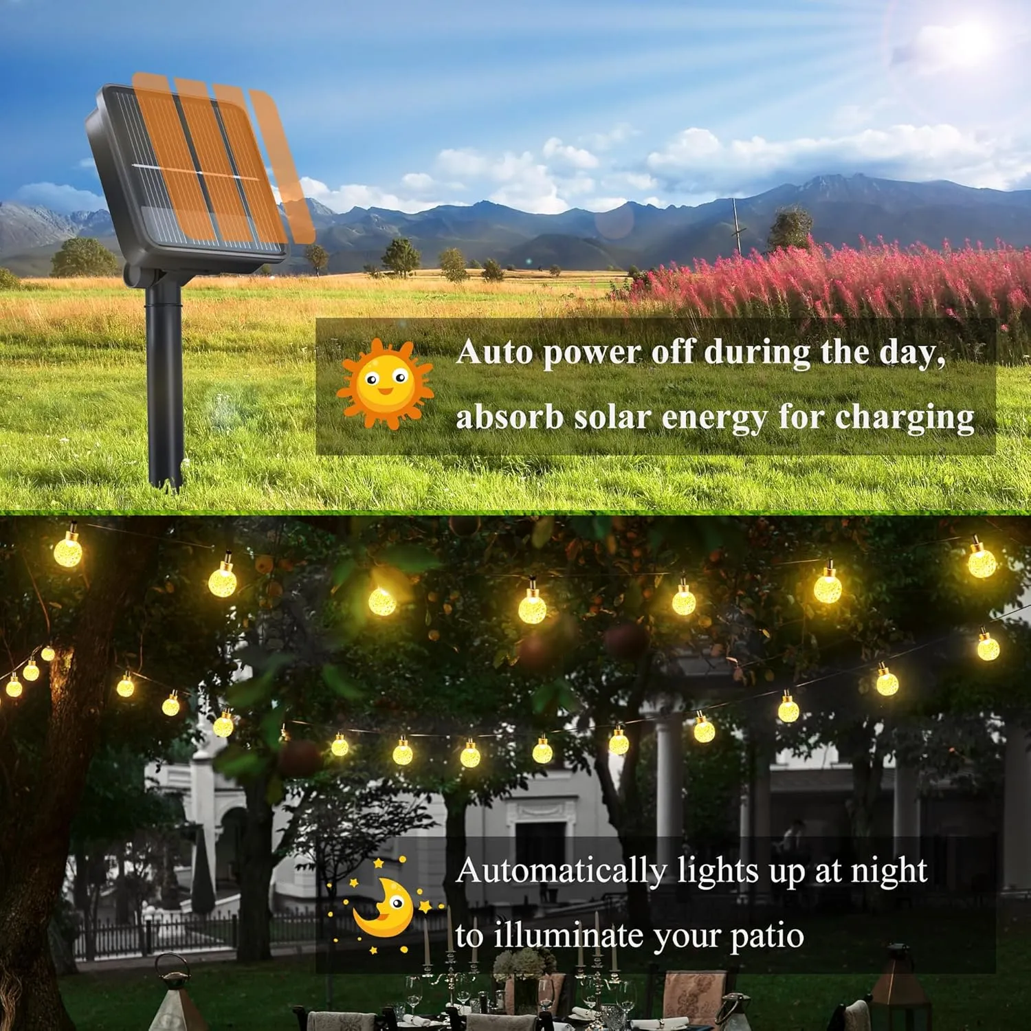 2 Pack 120 LED Solar String Lights Outdoor Waterproof, 72 FT Crystal Globe Lights with 8 Lighting Modes, Solar Powered Light Outdoor for Garden Wedding Party Decor（Warm White）