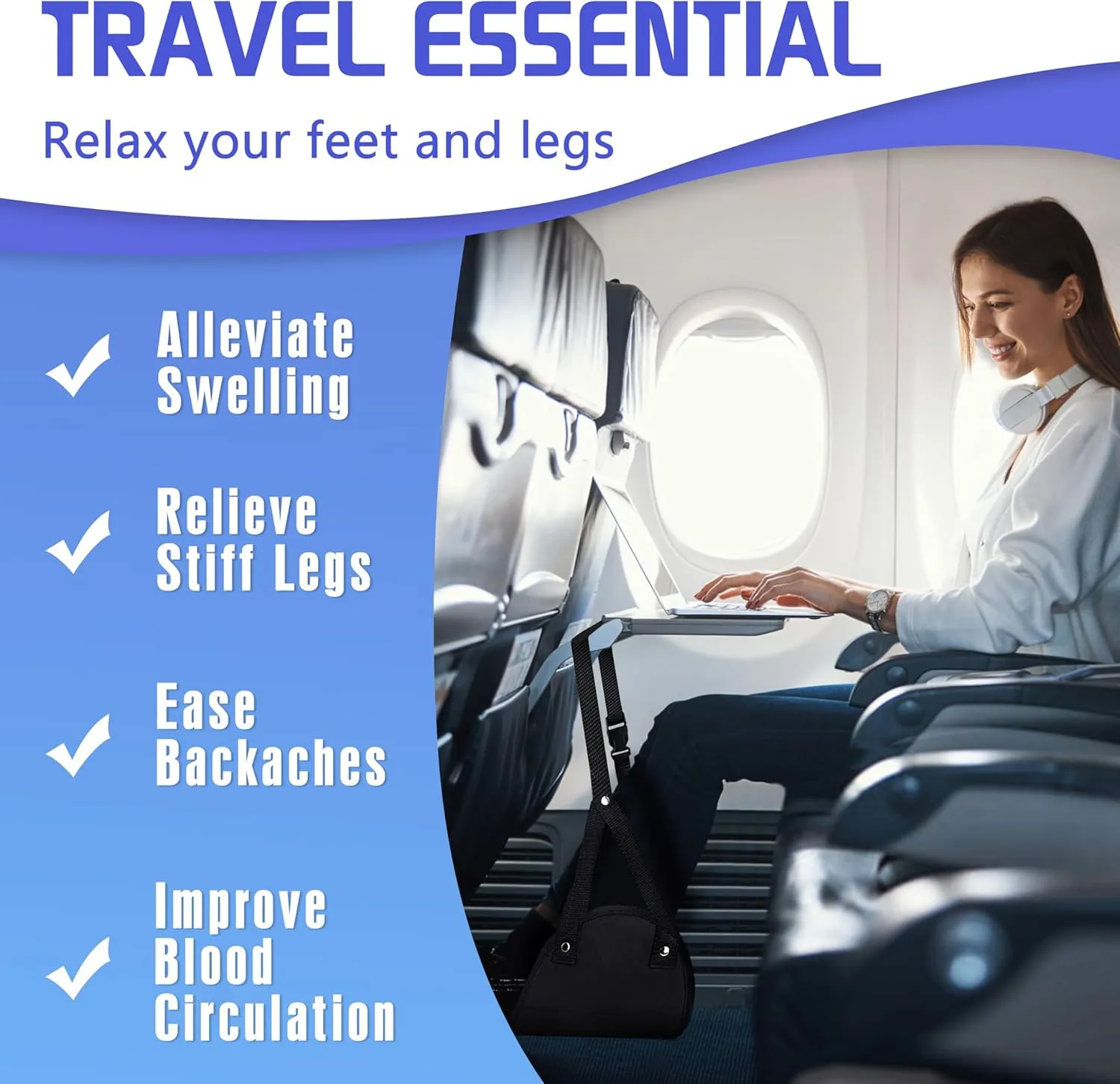 2-Pack Airplane Travel Essentials Foot Hammock - Portable Airplane Foot Hammock for Plane Travel - Length Adjustable Plane Foot Rest - Fly Essential Long Flight Must Haves