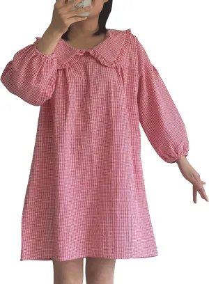 2025 Women's Babydoll 3/4 Puff Sleeve Plaid Mini Dress Lapel Doll Collar Loose Babydoll Dress for Women