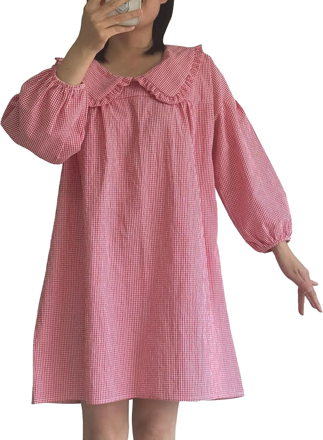2025 Women's Babydoll 3/4 Puff Sleeve Plaid Mini Dress Lapel Doll Collar Loose Babydoll Dress for Women