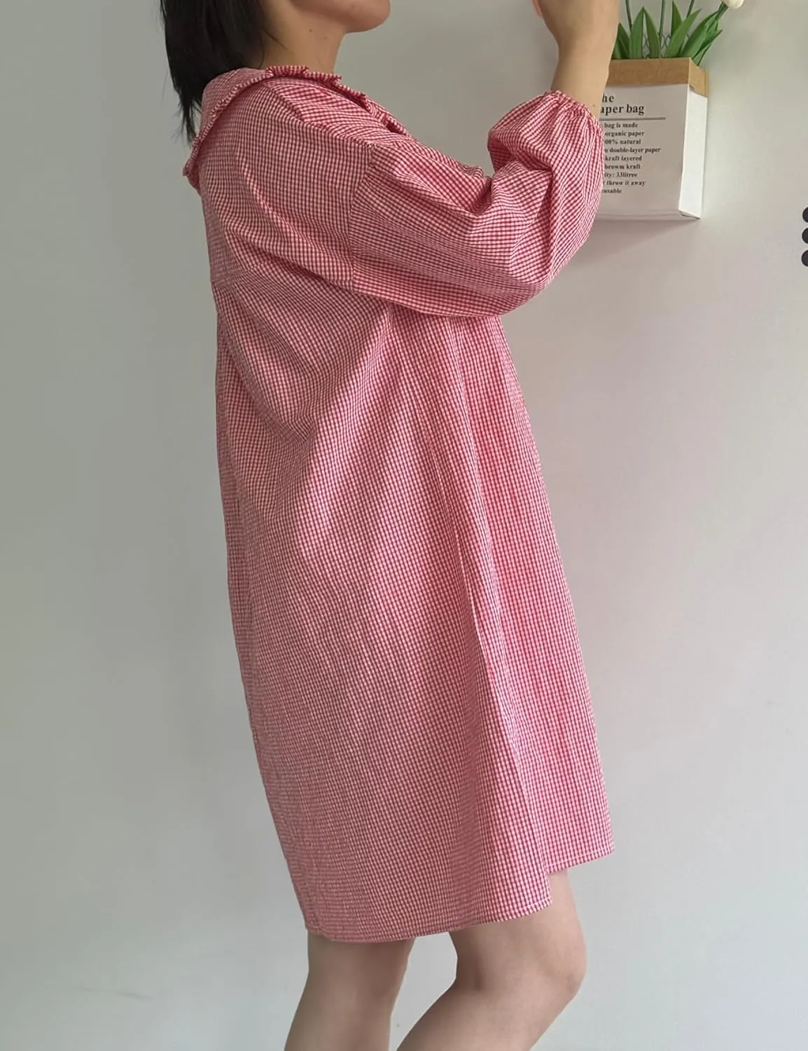 2025 Women's Babydoll 3/4 Puff Sleeve Plaid Mini Dress Lapel Doll Collar Loose Babydoll Dress for Women