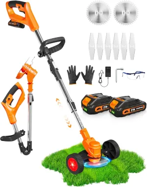 21V Cordless Weed Wacker, Electric Weed Eater Battery Powered, Lightweight Weed Trimmer with 2 Batteries, 3 in 1 Grass Trimmer/Brush Cutter/Edger Lawn Mower with 2 Types Blade & Wheels for Garden Yard