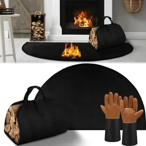 3 Pcs Fireproof Hearth Rug 42 x 24 Fireplace Rug, Fireplace Gloves, Canvas Firewood Carrier Logs Tote Set, Fire Resistant Half Round Hearth Mat Protect Floor Patio from Sparks Embers