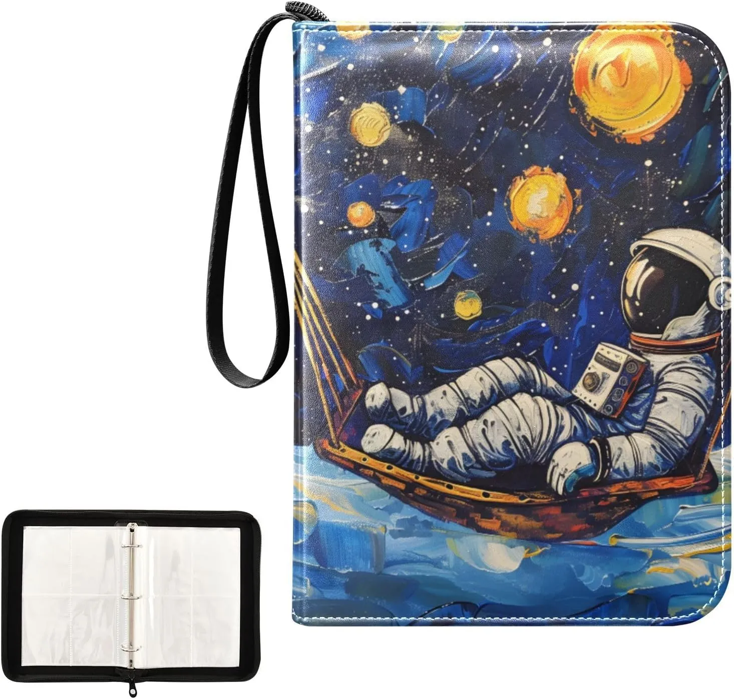 4 Pockets Trading Card Album Holder Book Folder Sports Card Binder Astronaut Hammock 400 Double Side Pockets for 3 Ring Binder Zipper