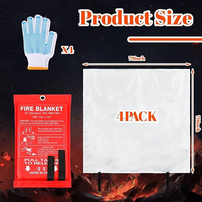 4 Sets Fire Blankets Emergency for Home Kitchen, Large Fiberglass Fire Suppression Blanket with Gloves Flame Retardant Survival Safety Blanket for Fireplace Office Warehouse Car Camping (79 x 79 Inch)