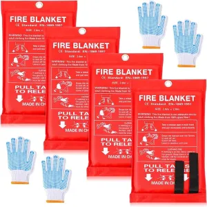 4 Sets Fire Blankets Emergency for Home Kitchen, Large Fiberglass Fire Suppression Blanket with Gloves Flame Retardant Survival Safety Blanket for Fireplace Office Warehouse Car Camping (79 x 79 Inch)