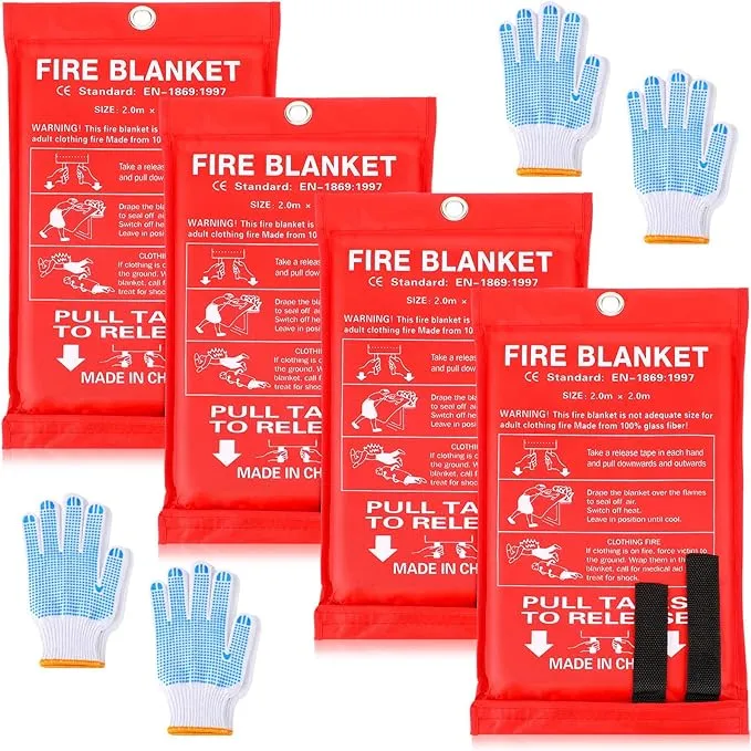 4 Sets Fire Blankets Emergency for Home Kitchen, Large Fiberglass Fire Suppression Blanket with Gloves Flame Retardant Survival Safety Blanket for Fireplace Office Warehouse Car Camping (79 x 79 Inch)