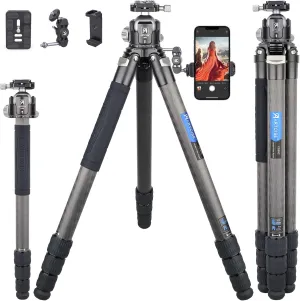 40mm Lightweight Compact Carbon Fiber Tripod with 52mm Low Profile Ball Head Kit 10-Layer Carbon Heavy Duty Travel Camera Stand Detachable Monopod with Stone Bag  Magic Arm  Phone Clip Max Load 30 kg