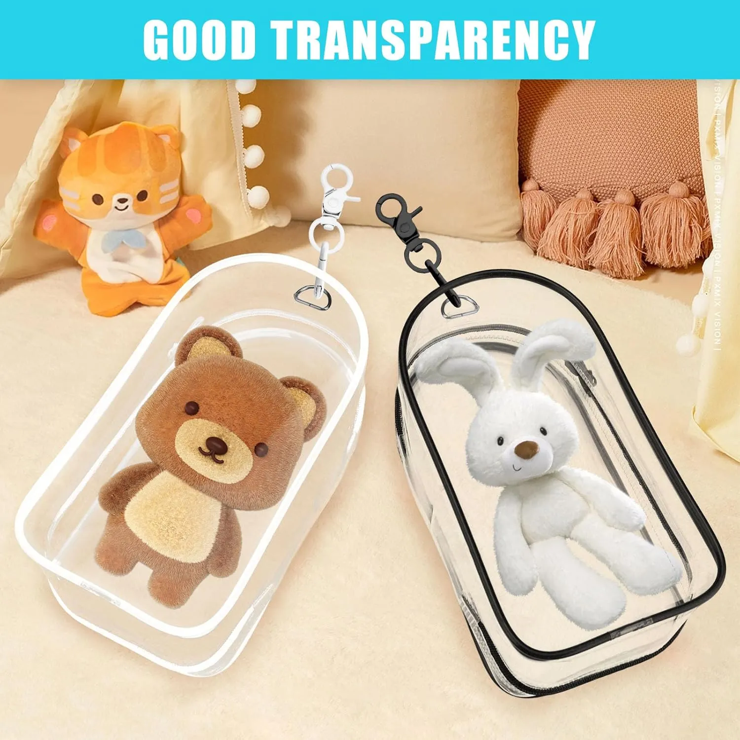 6 Pcs Clear Figure Display Bag with Keychain, Zipper Clear Display Case, Mini Doll Pouch for Figures Collectibles