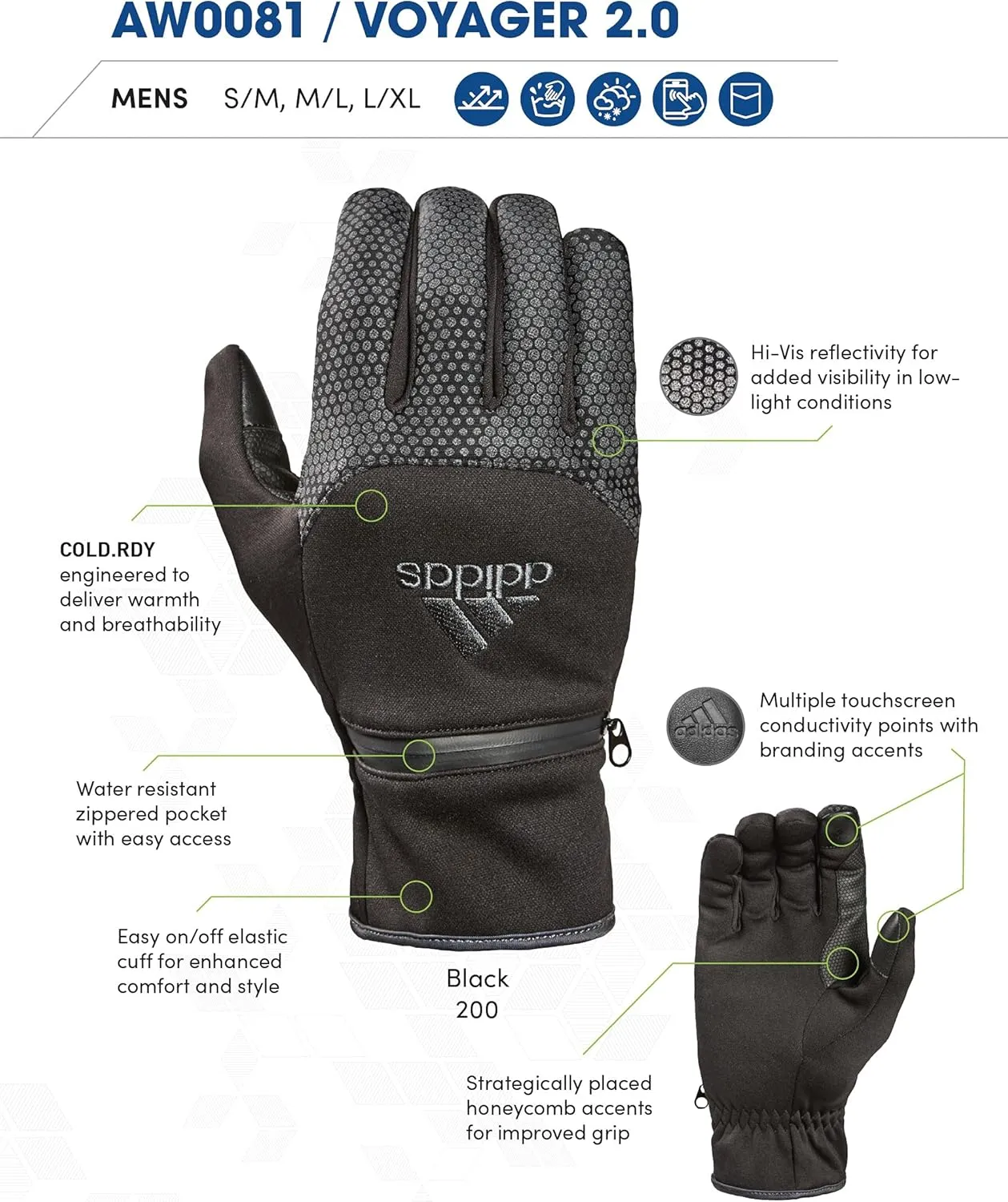 adidas Winter Performance Voyager 2.0 or GLORY Reflective Gloves with Multiple Touchscreen Conductivity Points, Black