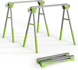 Adjustable Height Sawhorse 2 Pack, Folding Portable Saw Horses with 30-34 inch Adjustable Legs, Heavy Duty Steel Pro Bench Saw Horse for Woodworking, Carpenters, Contractors, Fully Assembled (green)