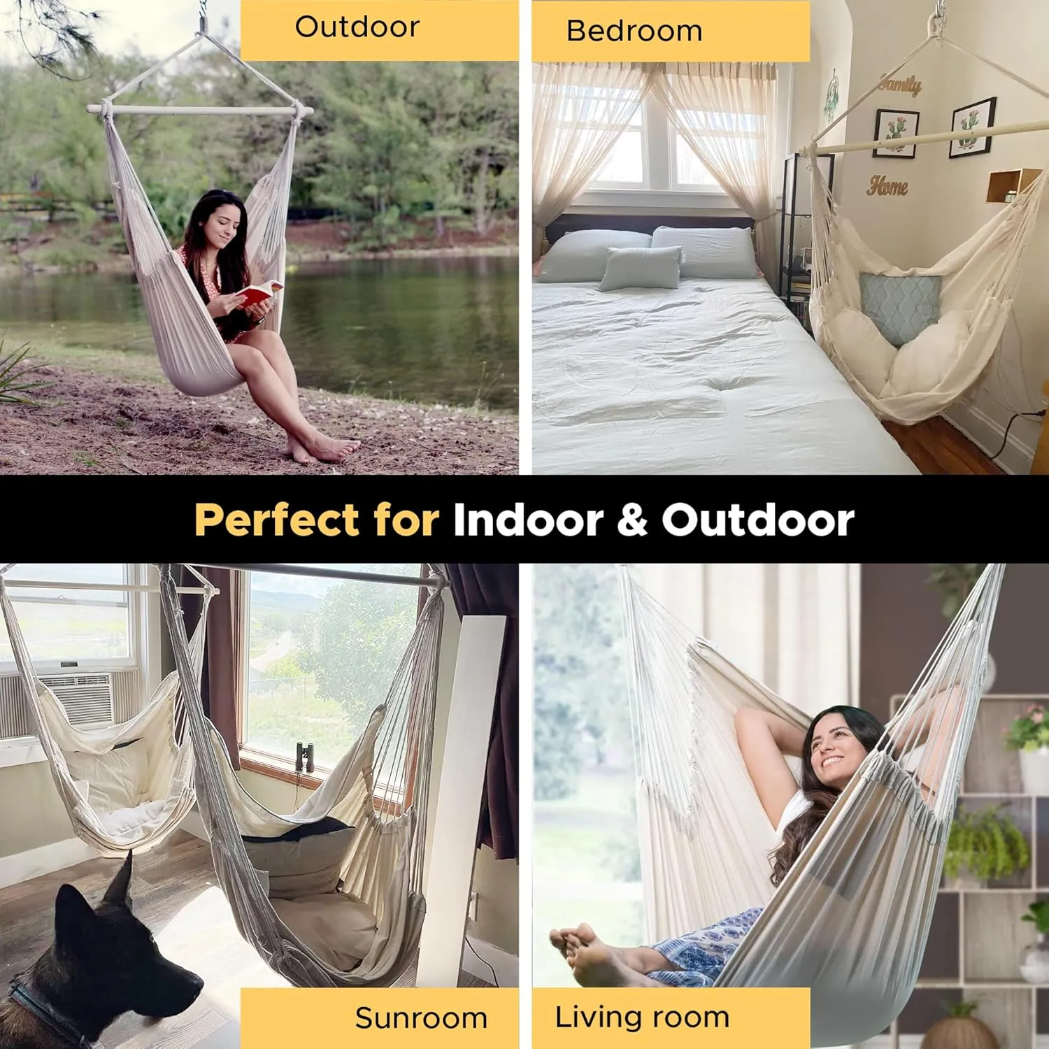 ADVOKAIR Hammock Chair Hanging Chair Rope Swing XXL - Max 500lbs, 70in Large Hammock Swing Chair -Portable Steel Spreader Bar with Anti-Slip Rings-Roomy & Strong