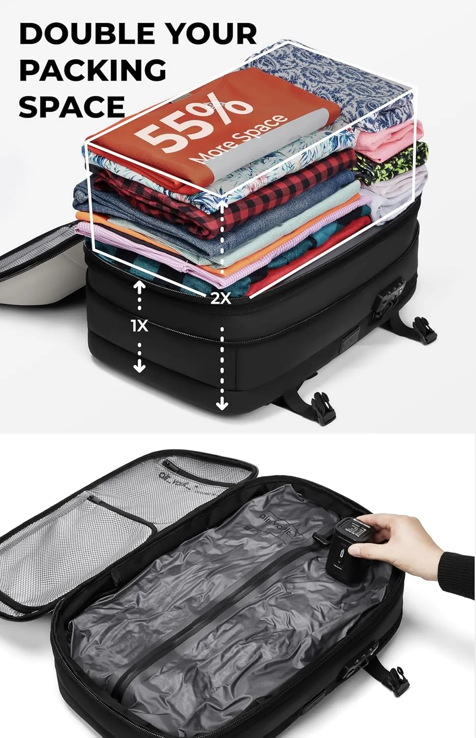 AirVault Vacuum Seal Travel Backpack 60L - Expandable Air Compression Vacuum System, Airback, Vacpack, Water-Resistant, Carry-On with TSA Lock Fits 19" Laptop, Backvac (White)
