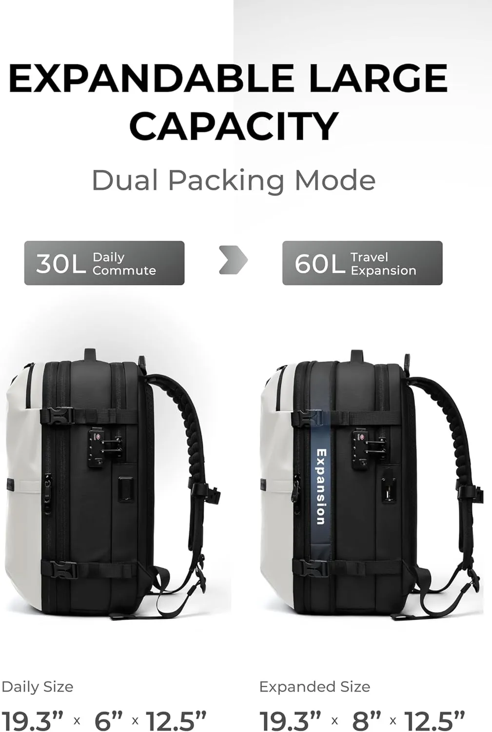 AirVault Vacuum Seal Travel Backpack 60L - Expandable Air Compression Vacuum System, Airback, Vacpack, Water-Resistant, Carry-On with TSA Lock Fits 19" Laptop, Backvac (White)