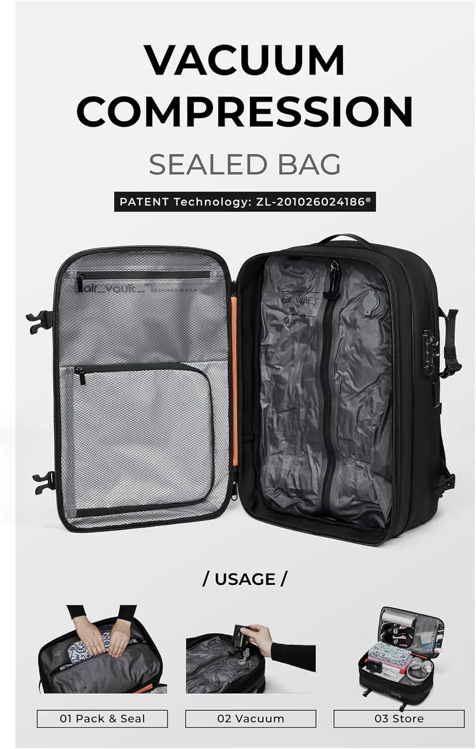 AirVault Vacuum Seal Travel Backpack 60L - Expandable Air Compression Vacuum System, Airback, Vacpack, Water-Resistant, Carry-On with TSA Lock Fits 19" Laptop, Backvac (White)