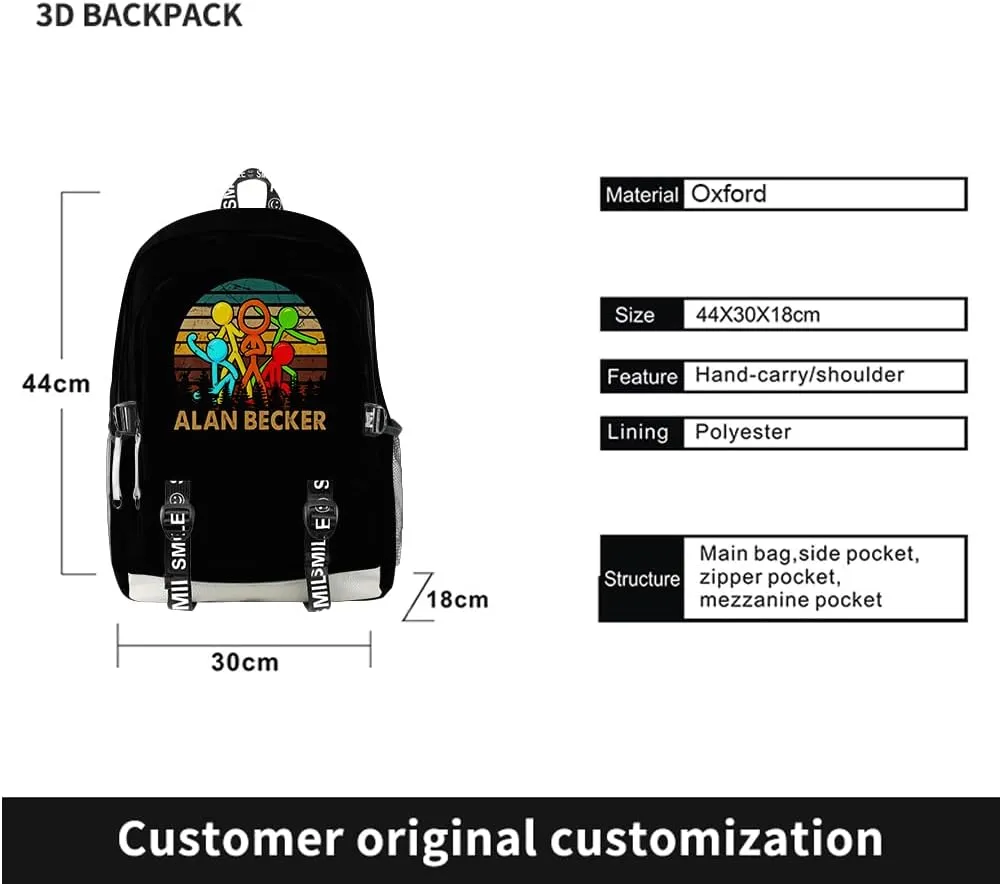 Alan Becker Backpack Merch Women Men Multipurpose Bag Three Piece Travel Backpack Casual Daypack (Black-Bag)