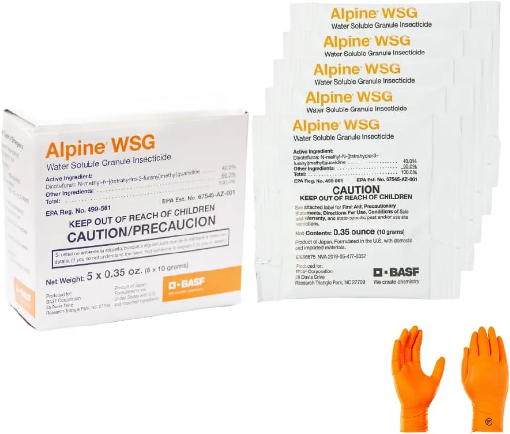 Alpine WSG Insecticide: 1 Box with 5 x 10g Packets and USA Supply Protective Gloves & Pest Identifcation Card | Target Pests: Ants, German roaches, Bed Bugs for Indoor & Outdoor use.