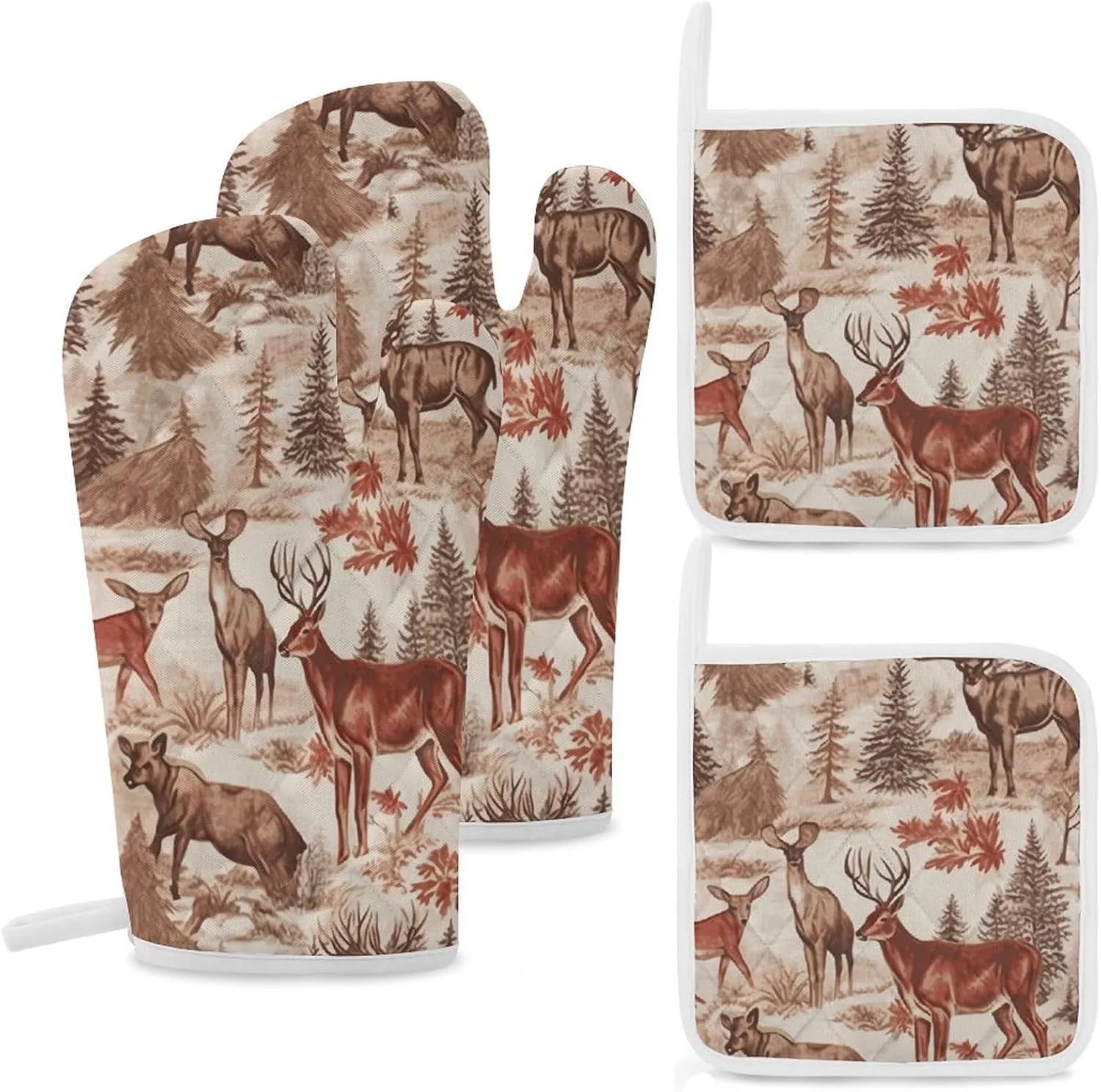 Animal Wilderness Bear Deer Oven Mitts and Pot Holders Sets of 4 High Heat Resistant Non-Slip Oven Gloves Hot Pads Cooking Gloves for Kitchen Cooking Baking Grilling BBQ